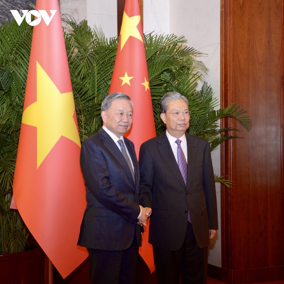 Vietnamese Party General Secretary and President To Lam (L) meets with Chairman of the Standing Committee of the National People’s Congress of China Zhao Leji, in Beijing on August 19.