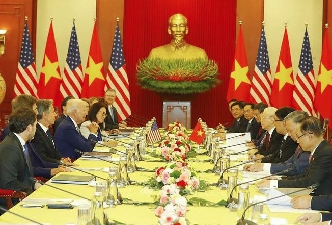 Party General Secretary Nguyen Phu Trong holds an important meeting with US President Joe Biden, marking a new milestone in the bilateral relations between Vietnam and the US. (Photo: VNA)