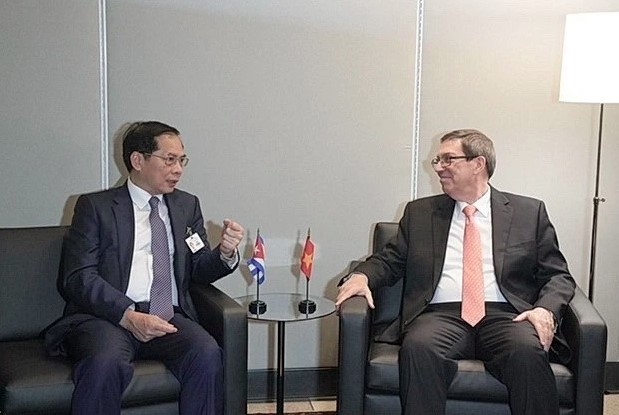 Deputy PM and FM Bui Thanh Son (left) talks to Cuban FM Bruno Rodriguez in New York on September 22. (Photo: VNA)