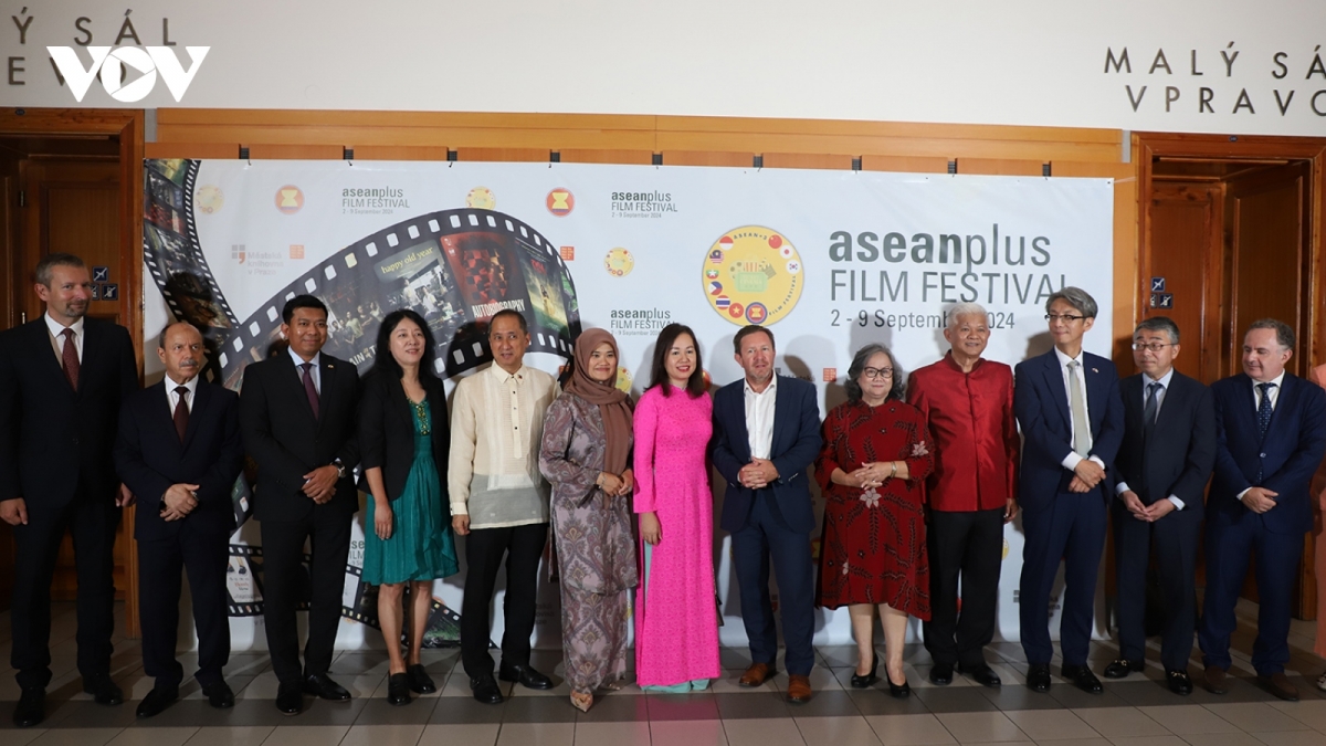 Delegates pose for a group photo at the opening ceremony of ASEAN plus film festival in the Czech Republic on September 2.