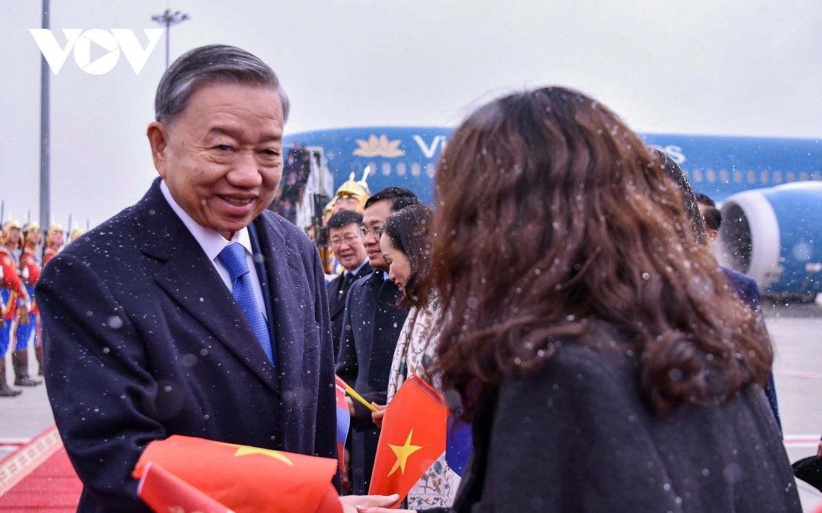 Vietnamese Embassy staff in Mongolia greet Party General Secretary and President To Lam at the airport