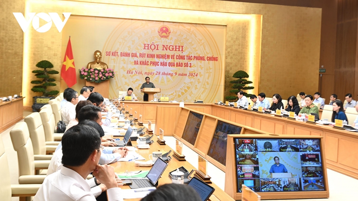 Prime Minister Pham Minh Chinh chairs a national conference in Hanoi on September 28 drawing lessons on storm prevention and control following the recent landfall of typhoon Yagi as well as the severe consequences it has caused.