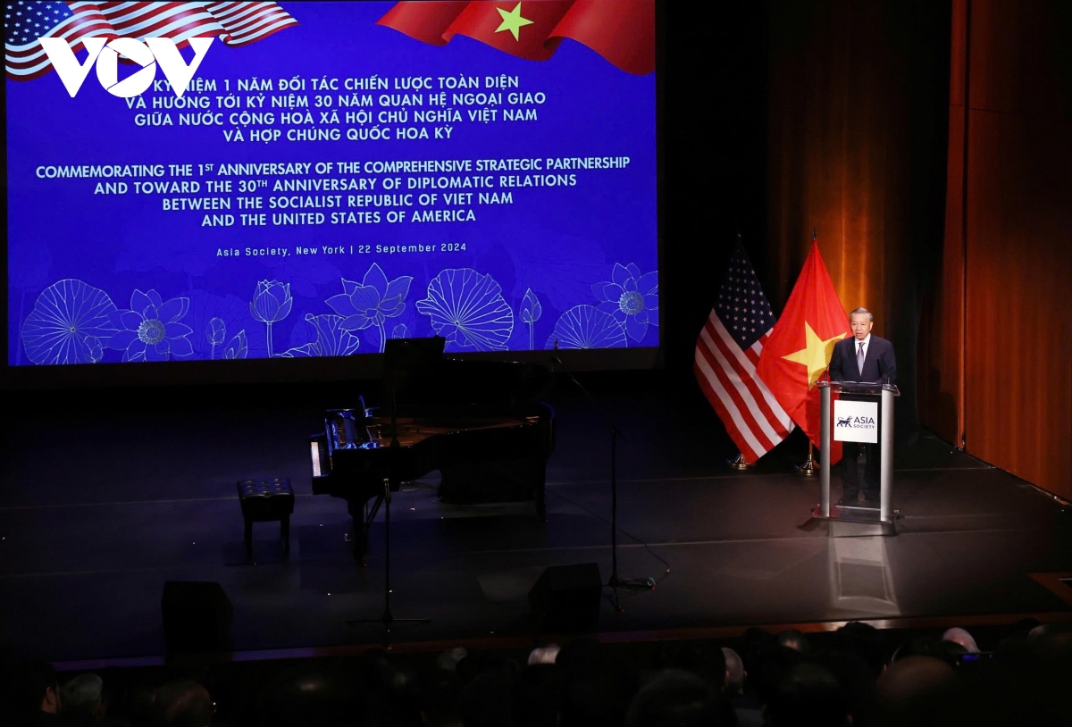 Party General Secretary and President of Vietnam To Lam speaks at the ceremony in New York on September 22 (local time) marking one year of the Vietnam – US Comprehensive Strategic Partnership
