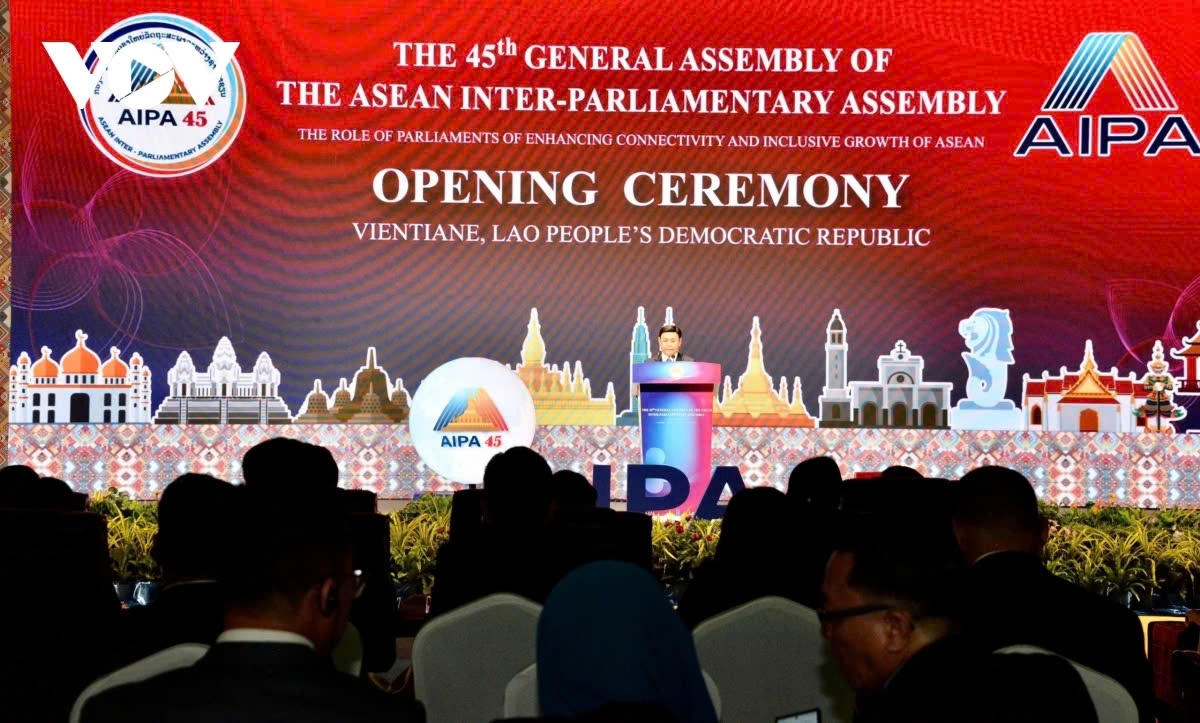 Laos National Assembly President and AIPA-45 President Saysomphone Phomvihane delivers the opening remarks at the 45th General Assembly of the ASEAN Inter-Parliamentary Assembly in Vientiane, Laos, on October 19.
