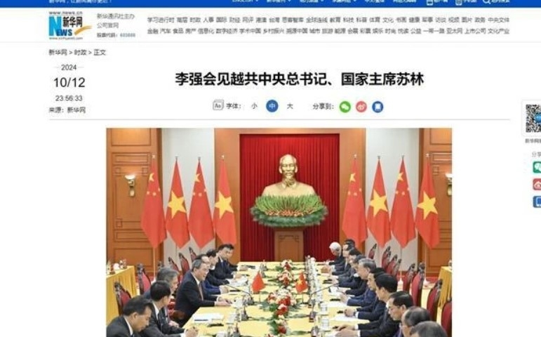 Xinhua reports on the meeting between Vietnamese Party General Secretary and President To Lam and Chinese Premier Li Qiang. (Photo: VNA)
