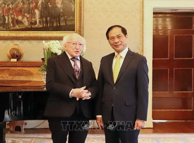Foreign Minister Bui Thanh Son (R) and Irish President Michael D.Higgins in Dublin on February 24, 2024. (Photo: VNA)