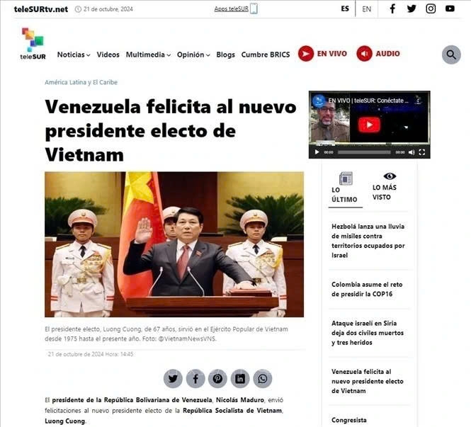 The website of TVSUR, a Latin American terrestrial and satellite news television network headquartered in Caracas, reports on the 8th Session of the 15th National Assembly of Vietnam. On the front page is General Luong Cuong taking an oath after being elected President of Vietnam.