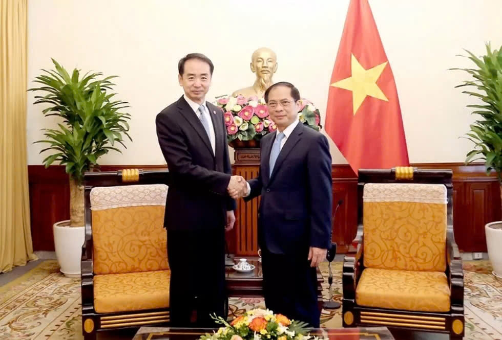 Deputy Prime Minister and Minister of Foreign Affairs Bui Thanh Son (R) shaking hands with Chinese Ambassador to Vietnam He Wei ahead of their meeting in Hanoi on October 22. (Photo: MOFA)