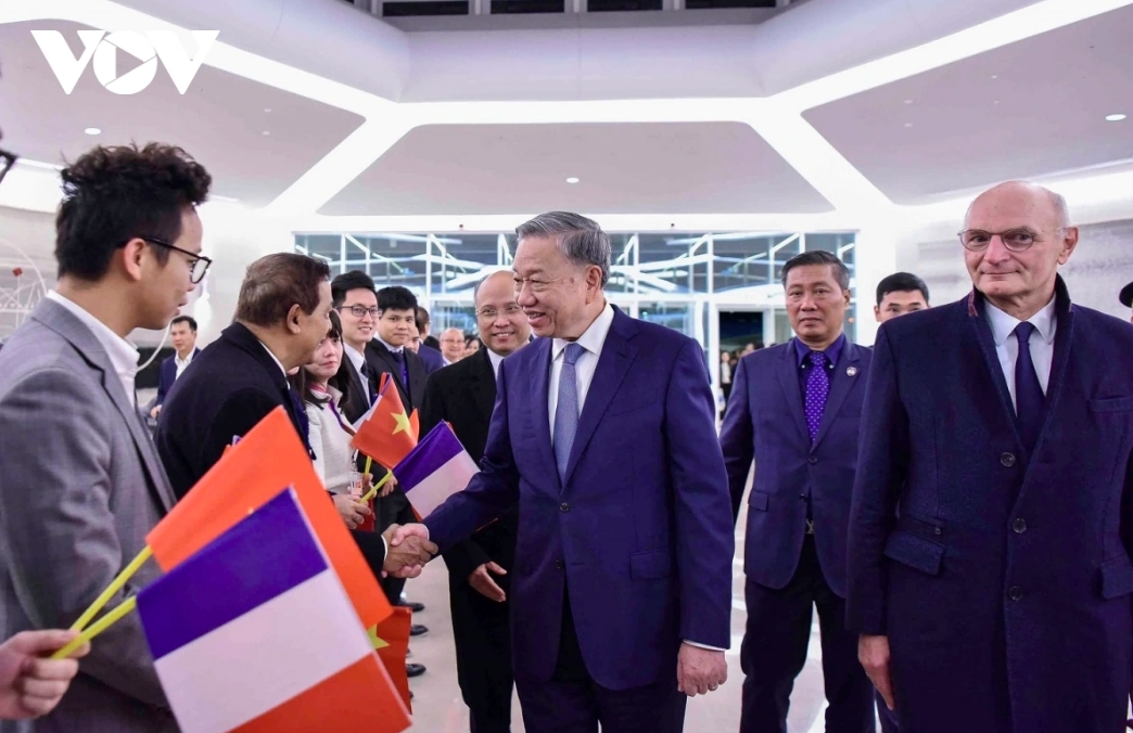 Vietnamese Embassy staff greet the top Vietnamese leader at French airport.