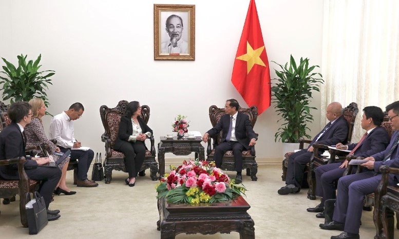 Deputy Prime Minister and Minister of Foreign Affairs Bui Thanh Son (R) receives Vice President of the World Bank Manuela V. Ferro.