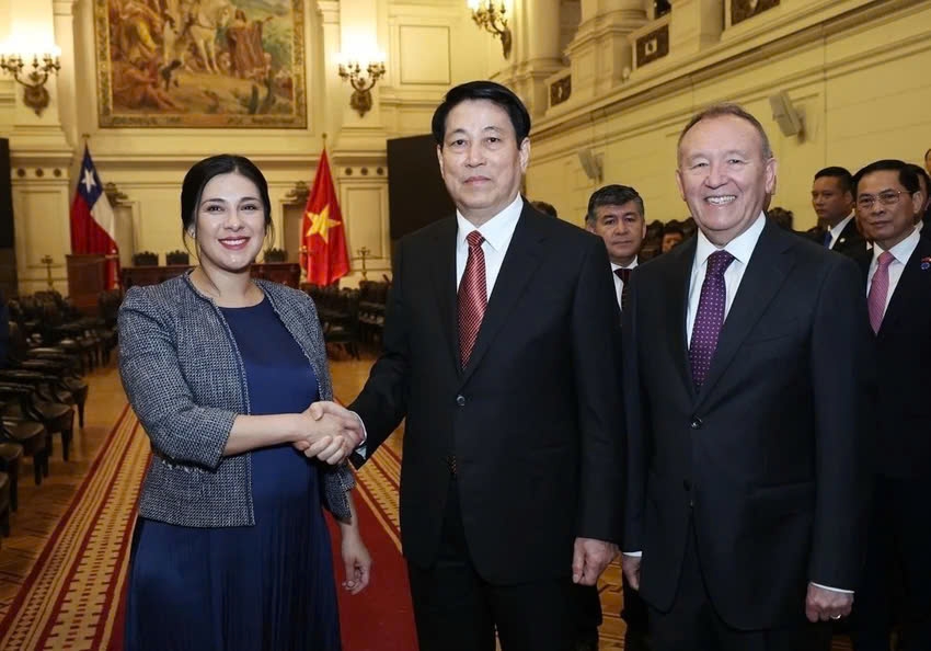 State President Luong Cuong (centre) shaking hands with Speaker of the Chamber of Deputies of Chile Karol Cariola ahead of their meeting in Santiago de Chile on November 11. (Photo: VNA)