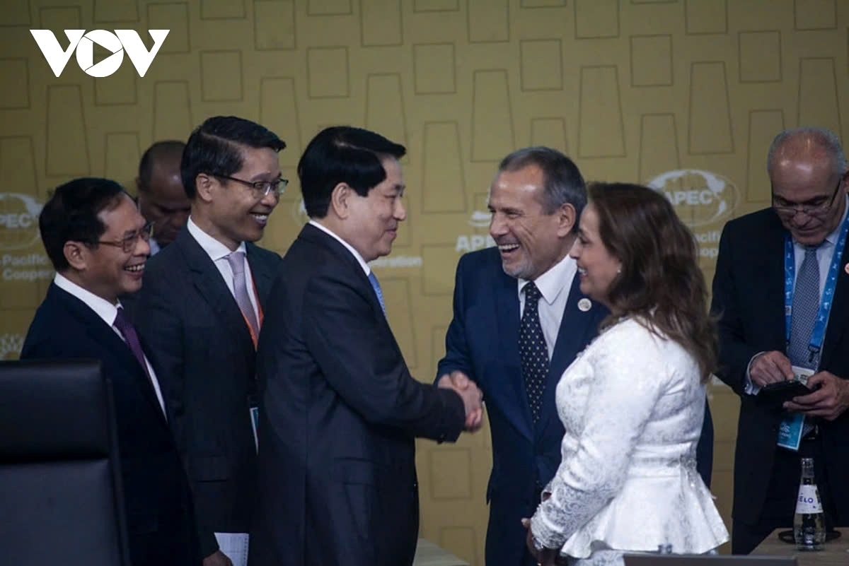 Vietnamese President Luong Cuong meets other leaders on the sidelines of the 2024 APEC Economic Leaders' Week in Lima, Peru, on November 15. 