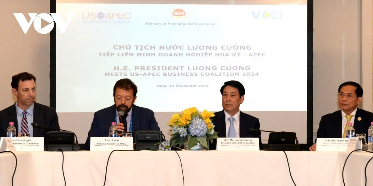 Representatives of the US-APEC Business Coalition speak during their meeting with Vietnamese President Luong Cuong in Lima, Peru, on November 14 (local time) on the sidelines of the 2024 APEC Economic Leaders' Week.