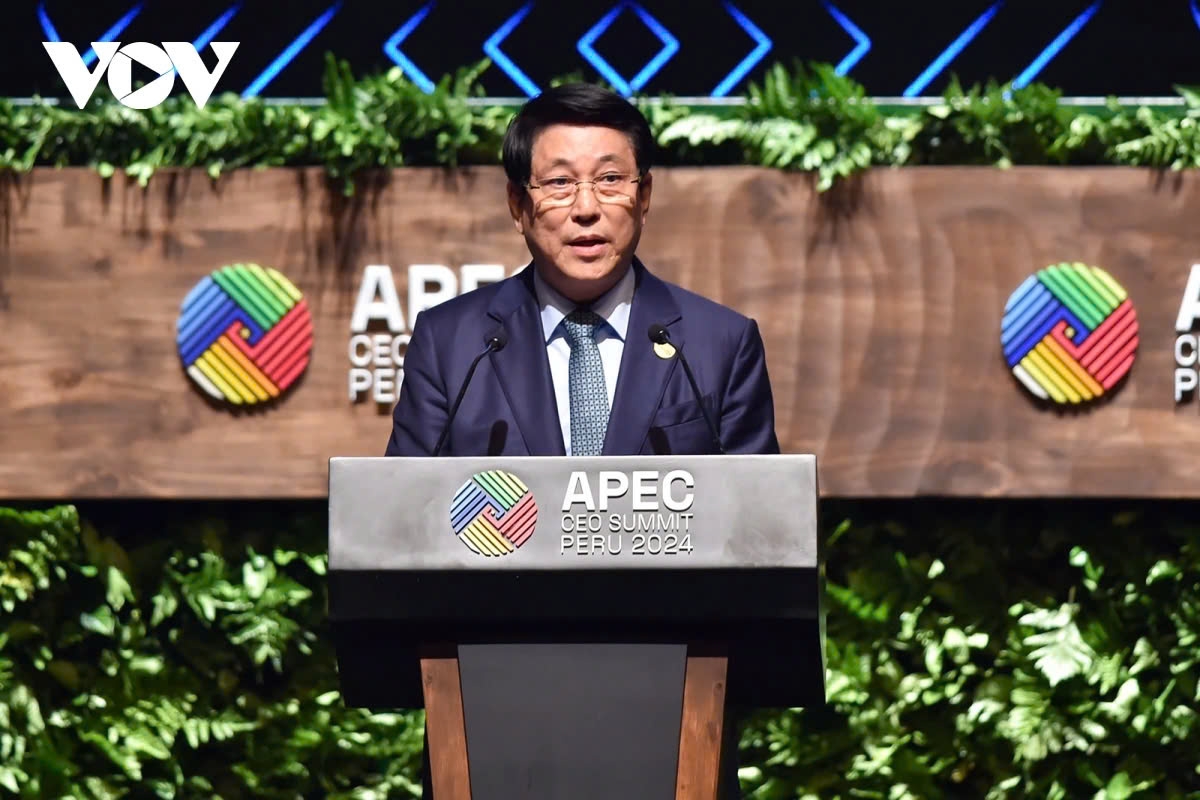 Vietnamese President Luong Cuong delivers a keynote speech at the APEC CEO Summit 2024 in Lima, Peru, on November 14.