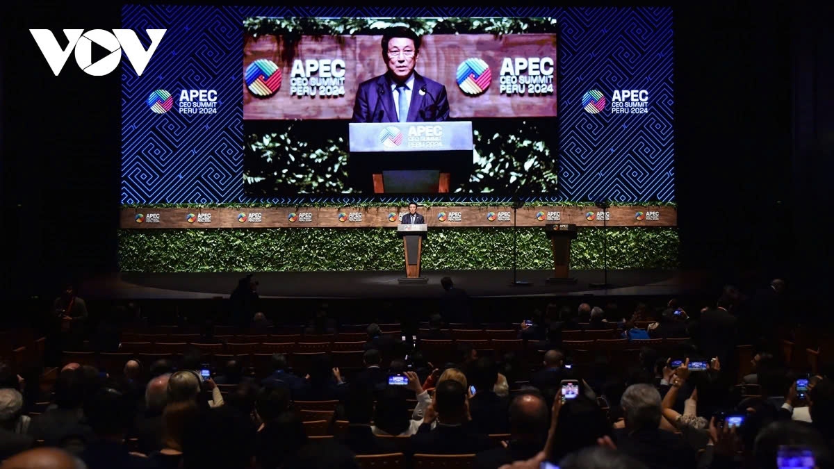 Vietnamese President Luong Cuong speaks at the APEC CEO Summit 2024 in Lima, Peru, on November 14.