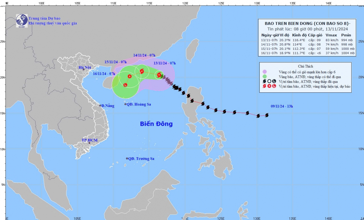 Typhoo Toraji is expected to keep losing its strength as it is moving towards the central coast of Vietnam. (Photo: NCHMF)