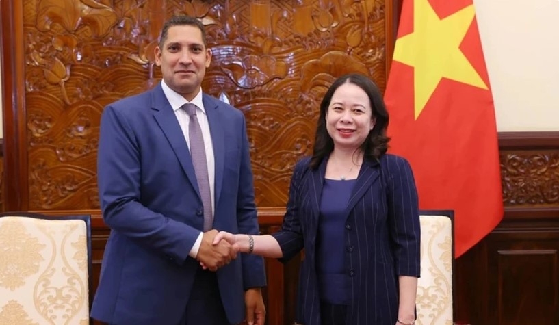 Vice President Vo Thi Anh Xuan (R) and Swedish Ambassador to Vietnam Johan Ndisi 