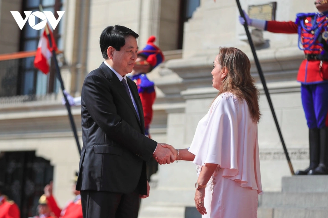 Host President Dina Ercilia Boluarte Zegarra welcomes Vietnamese State President at the Government Palace (Casa de Pizarro) in Lima on November 13 afternoon (local time).