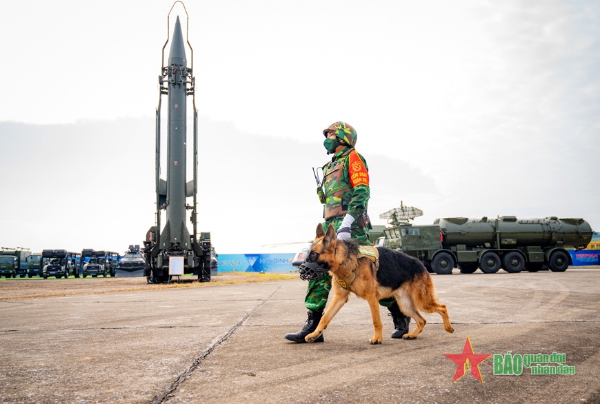 Military control forces and service dogs are on duty to ensure security at the exhibition.