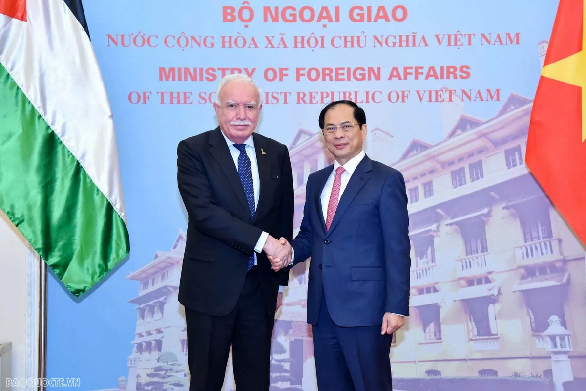 Deputy Prime Minister and Minister of Foreign Affairs Bui Thanh Son (R) receives Riad Malki, Special Envoy of President Abbas and Advisor for International Affairs of Palestine. (Photo: baoquocte.vn)