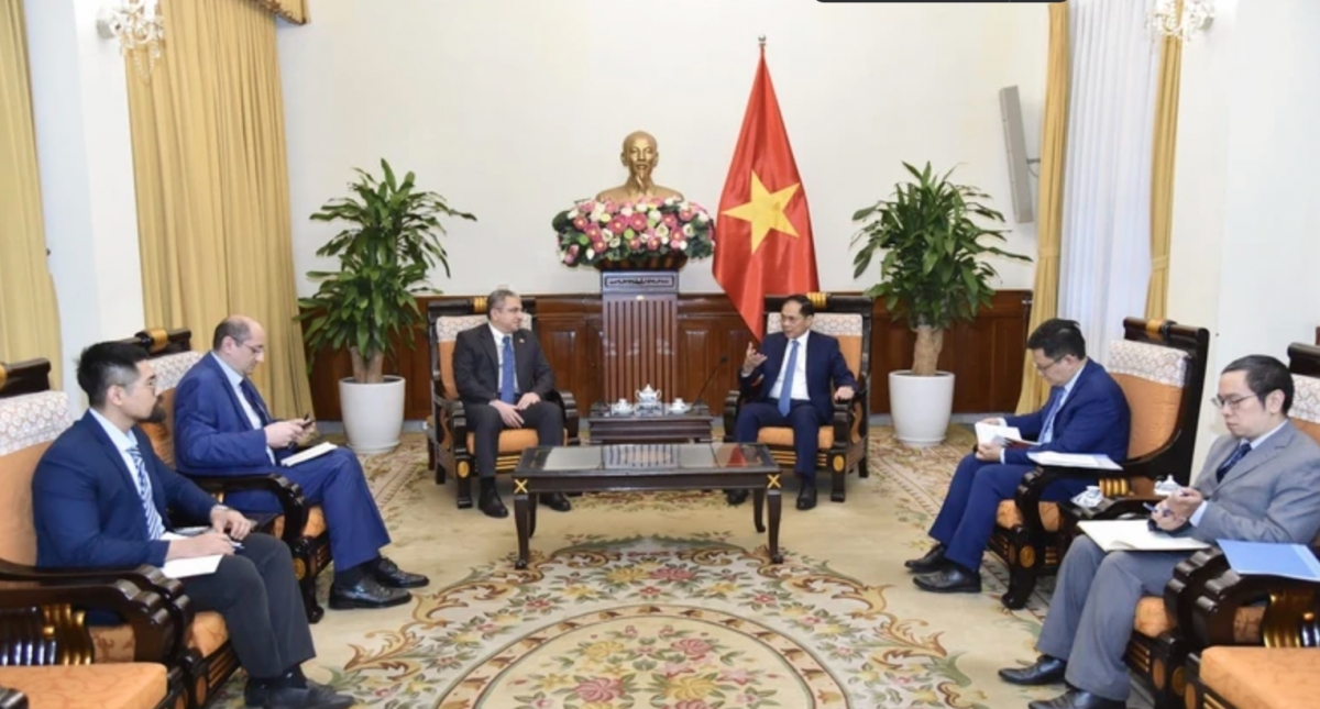 Deputy Prime Minister and Minister of Foreign Affairs Bui Thanh Son (R) on December 6 receives Azerbaijani Ambassador to Vietnam Shovgi Kamal Oglu Mehdizade. (Photo: baochinhphu.vn)
