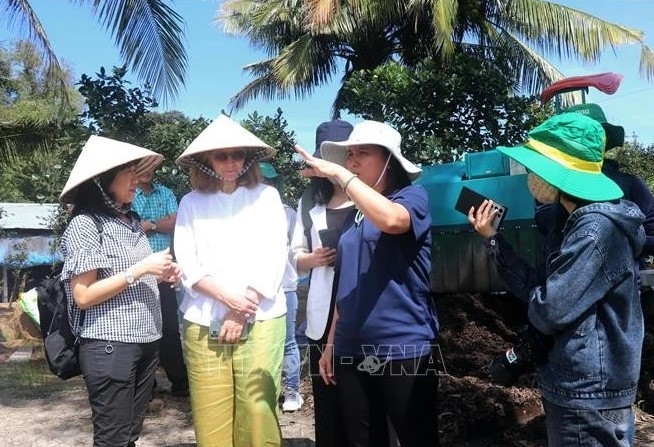 The Can Tho agricultural sector's representative introduces a pilot model of high-quality and low-emission rice cultivation to the Canadian Embassy's delegation.