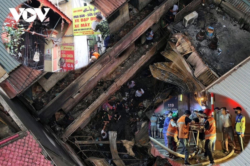 A fire burns a lodging house in a small alley in Hanoi at midnight in May 2024, claiming 14 lives. The fire erupts on the first floor used to repair electric motorbikes and bicycles.