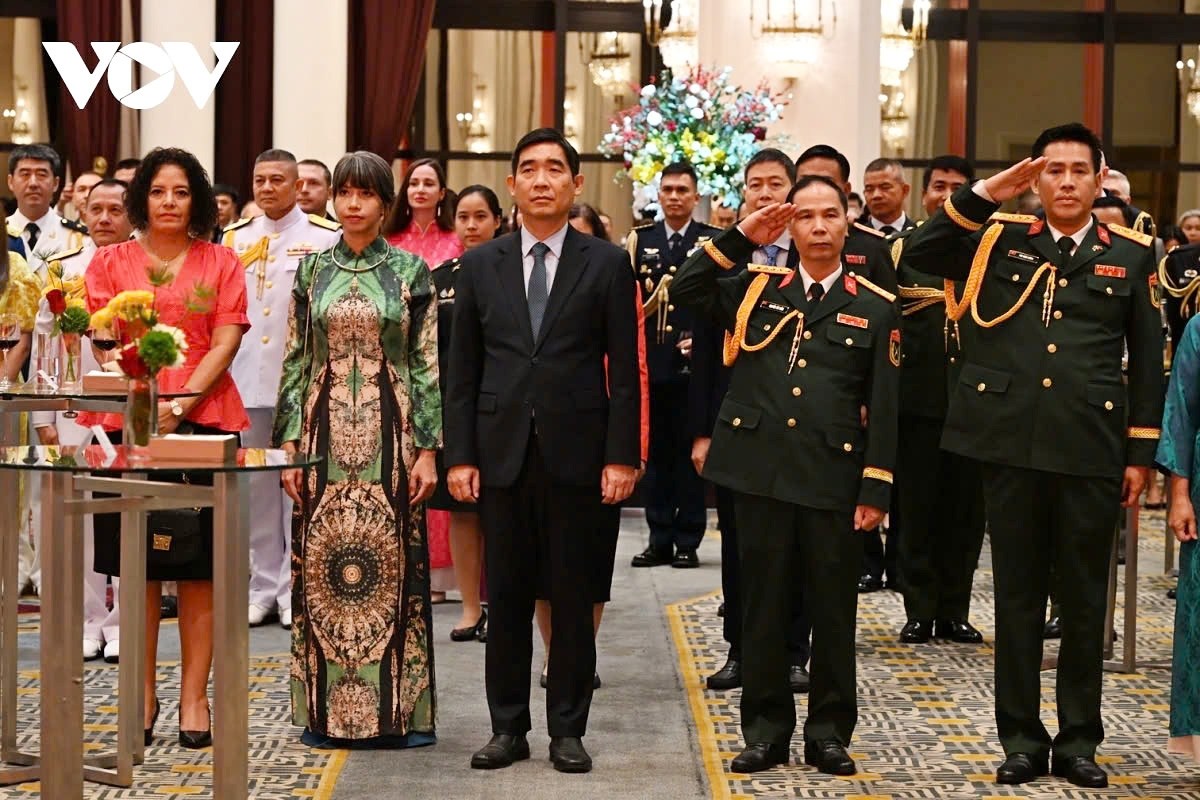 Vietnamese Ambassador Pham Viet Hung and other delegates render the flag salute at the ceremony