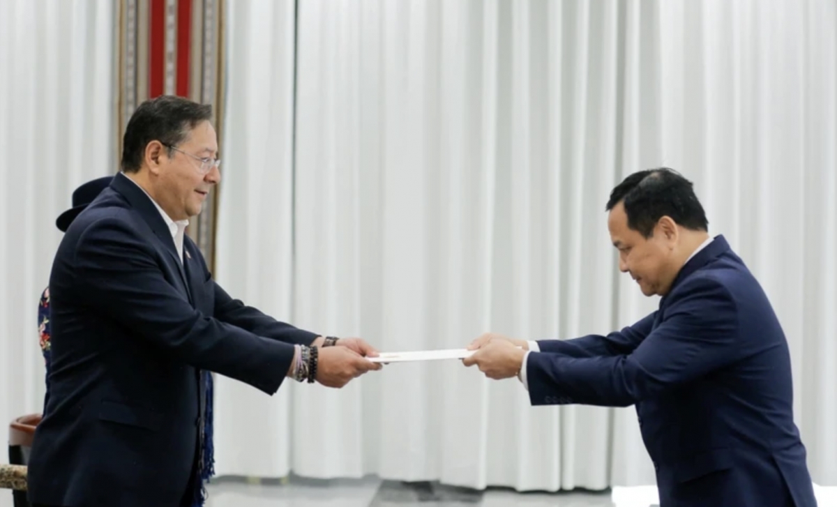 Vietnamese Ambassador to Brazil and Bolivia Bui Van Nghi (R) presents his credentials to Bolivian President Luis Alberto Arce. (Photo: VNA)