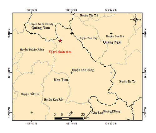 The epicentre of the 4.2-magnitude earthquake in Kon Plong District, Kon Tum Province.