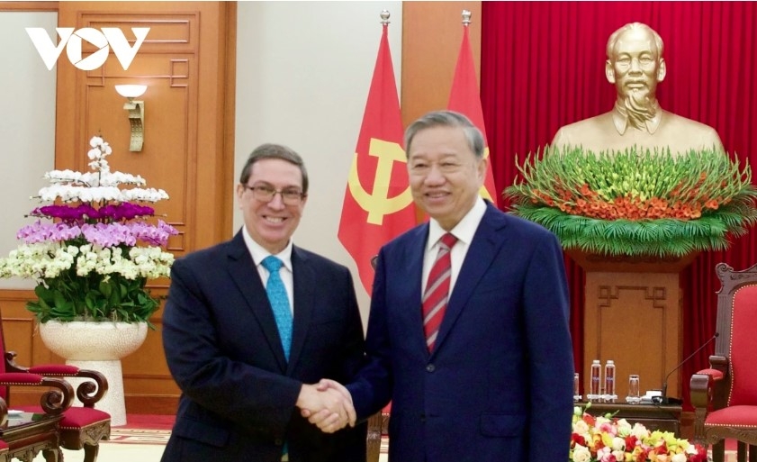 Party leader To Lam (R) welcomes Minister of Foreign Affairs of Cuba Bruno Rodriguez Parrilla