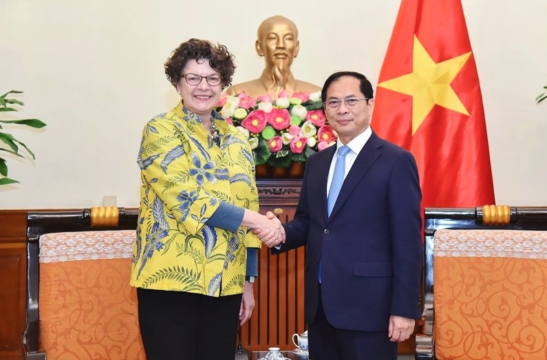 Deputy Prime Minister and Minister of Foreign Affairs Bui Thanh Son (right) and German Ambassador to Vietnam Helga Margarete in Hanoi on February 24 (Photo: Ministry of Foreign Affairs)