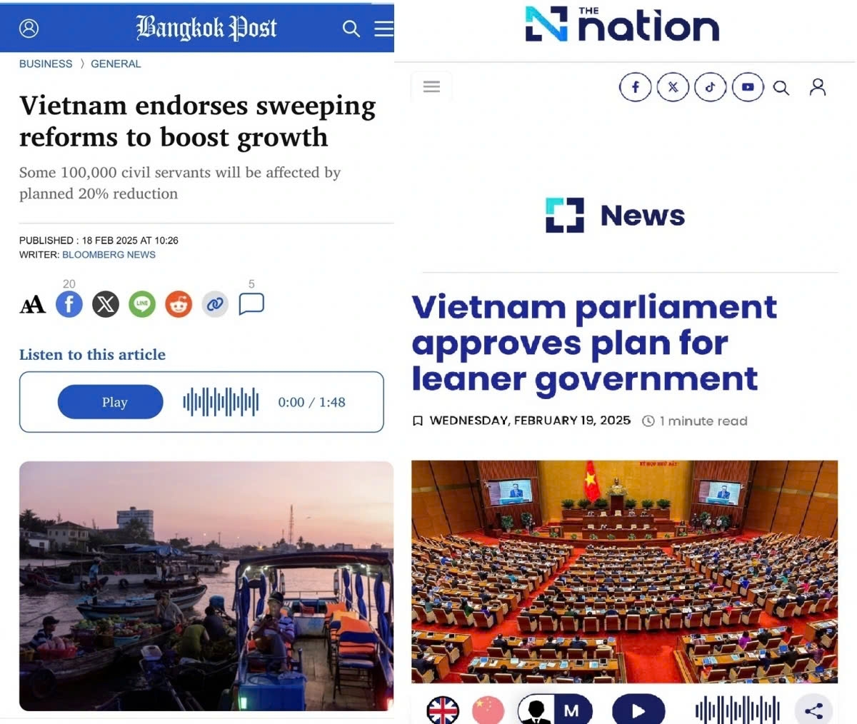 Major Thai newspapers report on Vietnam's government reshuffle plan