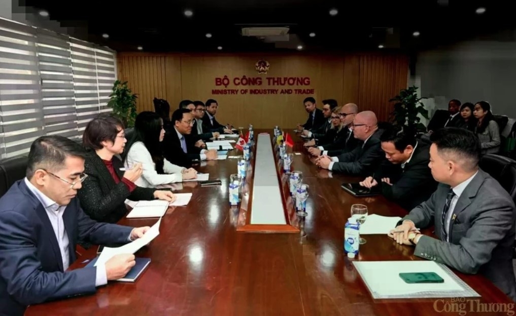 Vietnamese Deputy Minister of Industry and Trade Nguyen Hoang Long meets with Saskatchewan Minister of Trade and Export Development Warren Kaeding in Hanoi on February 17.