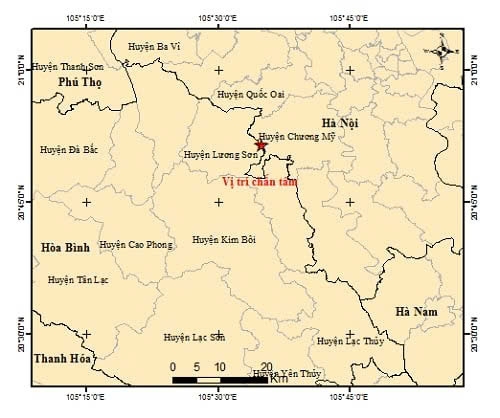 The epicentre of the earthquake (red star) in Chuong My district