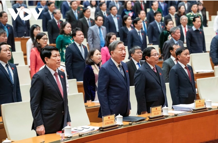 Party General Secretary To Lam, President Luong Cuong, Prime Minister Pham Minh Chinh, and Standing Member of the Party Central Committee's Secretariat Tran Cam Tu attend the opening session