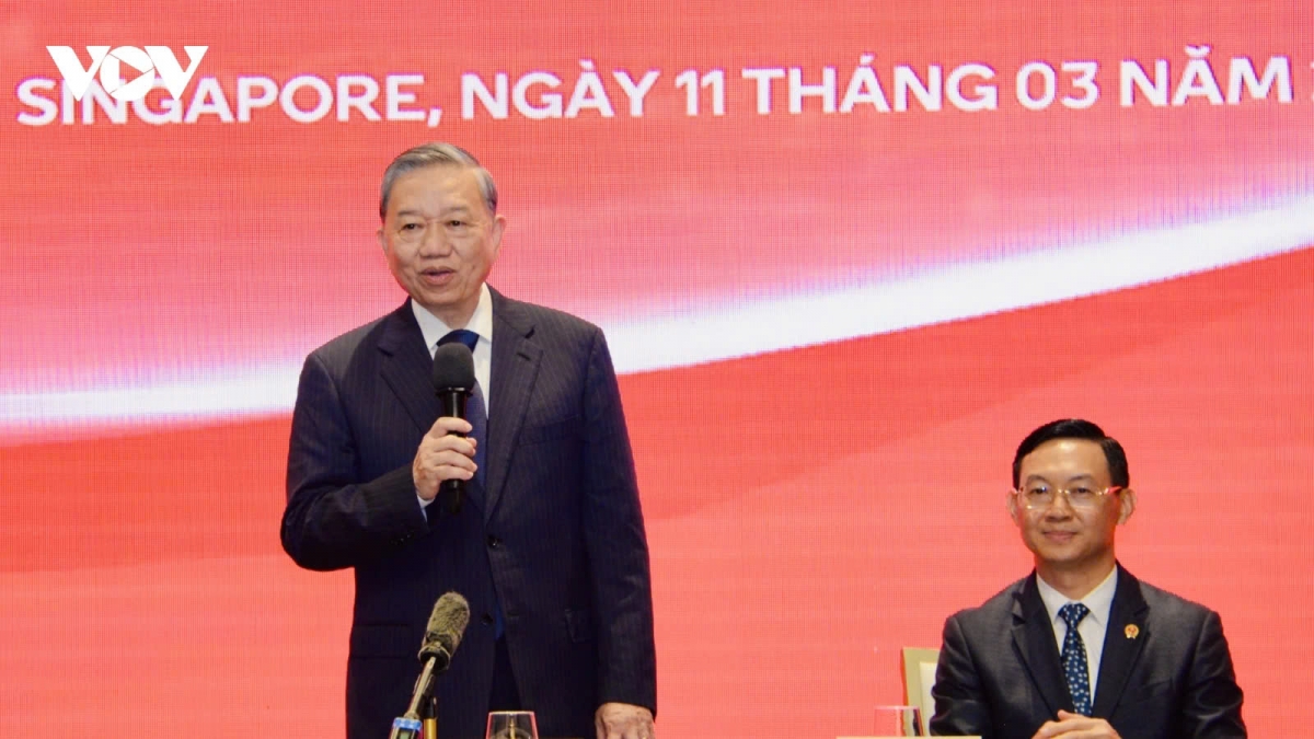 Party General Secretary To Lam speaks during his meeting with Embassy officials and staff, representatives of the Vietnamese community in Singapore.