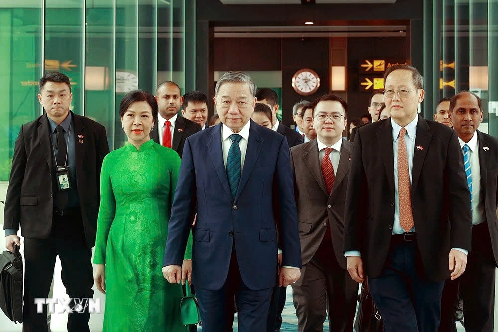 Party General Secretary To Lam, his spouse and entourage are seen off at Changi Airport, Singapore. (Photo: VNA)