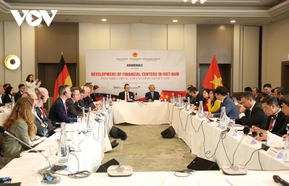 Deputy Prime Minister Nguyen Hoa Binh and representatives of ministries, sectors, and localities of Vietnam and German businesses during the roundtable in Frankfurt on March 25.
