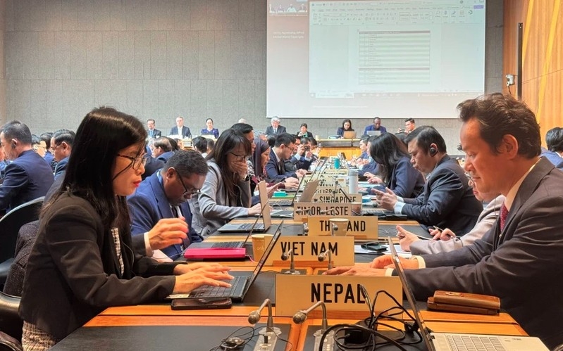 Delegates at the third Trade Policy Review (TPR) session of Cambodia at the World Trade Organisation (WTO) headquarters in Geneva, Switzerland, on March 26. (Photo: VNA)