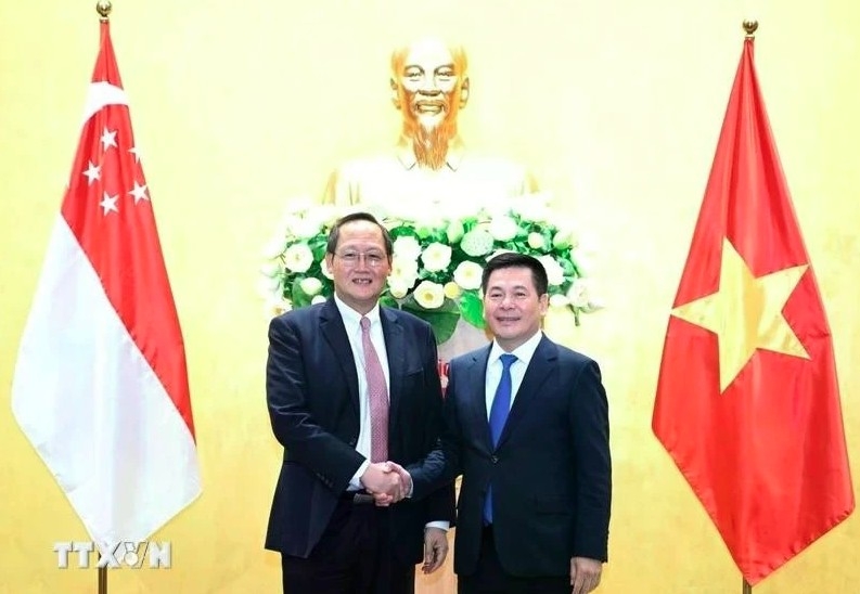 Minister of Industry and Trade Nguyen Hong Dien (R) holds talks with Second Minister for Trade and Industry on the expansion of cooperation in economy, trade, and energy in March last year. (Photo: VNA)