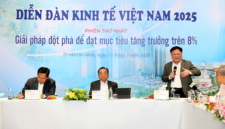 Dr. Nguyen Dinh Cung, former director of the Central Institute for Economic Management, speaks at the Vietnam Economic Forum 2025 held on March 13 by Nguoi Lao Dong newspaper. (Photo: nld.com.vn)