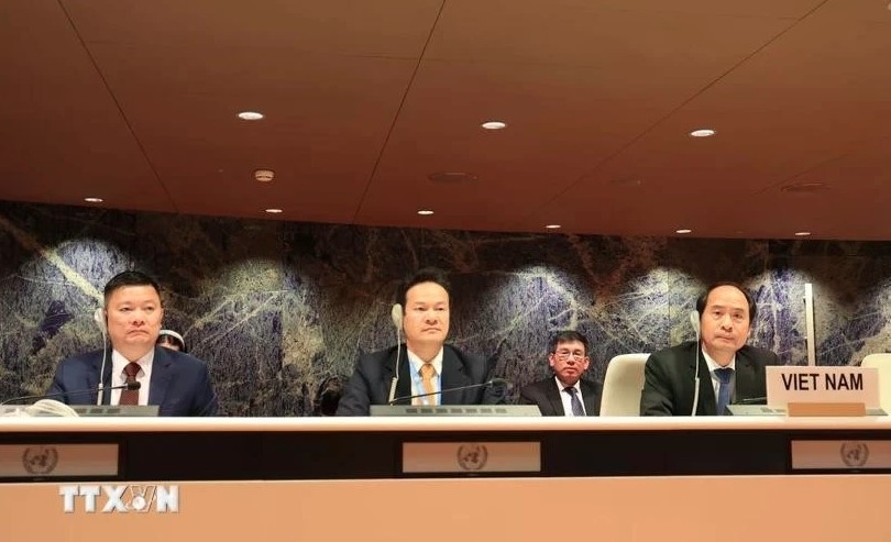 The Vietnamese delegation at the session for defending reports on the implementation of the United Nations Convention on the Rights of Persons with Disabilities (CRPD) at the UN headquarters in Geneva on March 6.