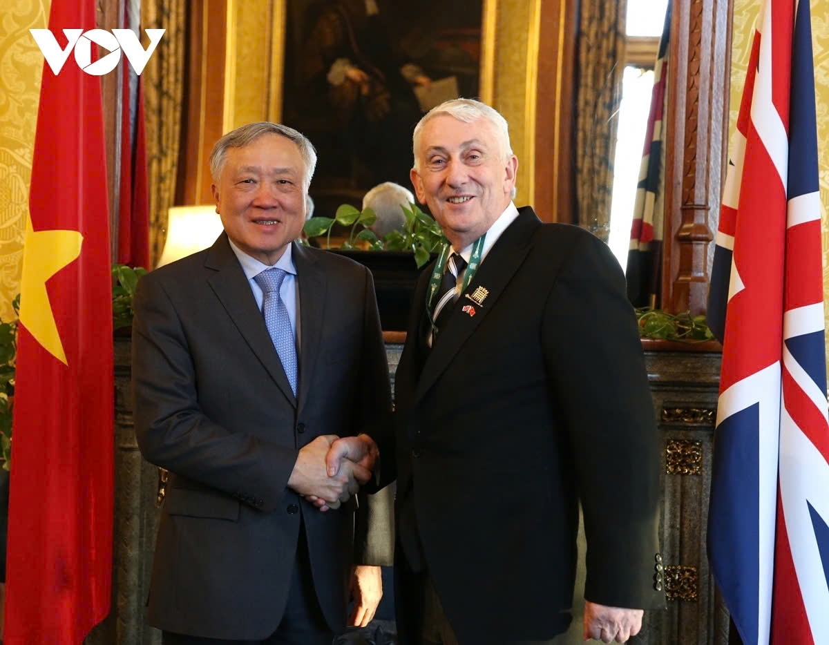 Vietnamese Deputy Prime Minister Nguyen Hoa Binh (L) and Speaker of the UK House of Commons Lindsay Hoyle, during their meeting in London on March 18.