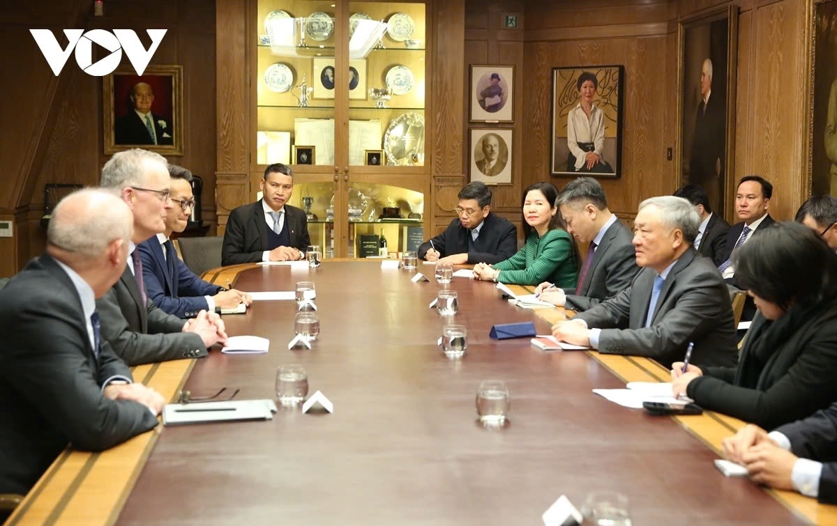 Deputy Prime Minister Nguyen Hoa Binh of Vietnam holds a working session with Barnaby Swire, chairman of Swire group, in London, during his working trip to the UK