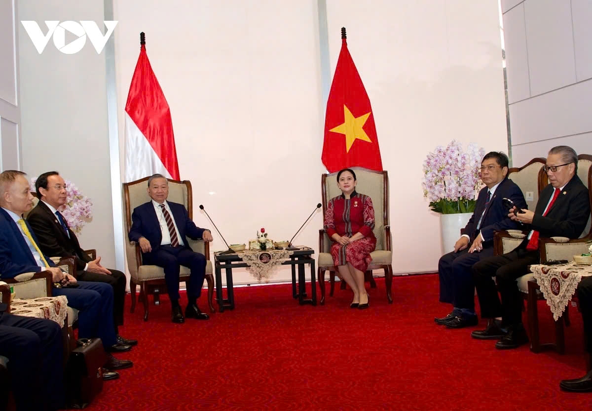 Party General Secretary To Lam (L) meets with Puan Maharani, Speaker of the House of Representatives of Indonesia, as part of his ongoing state visit to the island state, in Jakarta on March 11.
