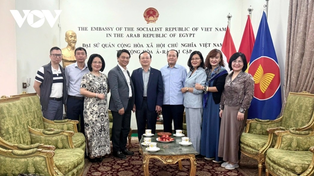 VOV delegation pose for a group photo at the Vietnamese Embassy in Egypt.