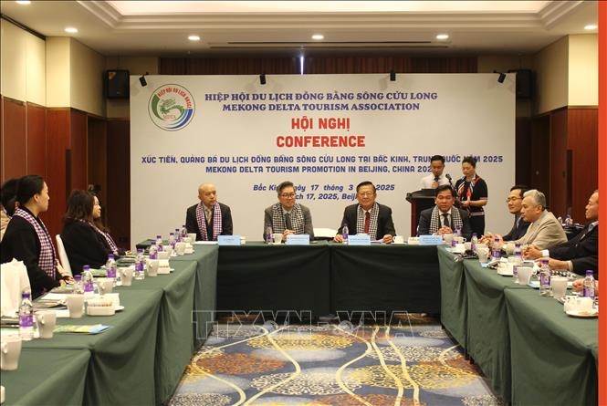 Representatives from Mekong Delta Tourism Association introduce the region's tourism potential at the conference in Beijing (Photo: VNA)