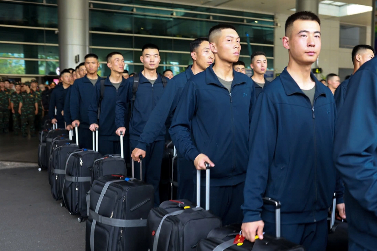 More than 100 officers and soldiers of the People’s Liberation Army of China at Tan Son Nhat International Airport, Ho Chi Minh City on April 25, 2025. (Photo: Vietnamnet)