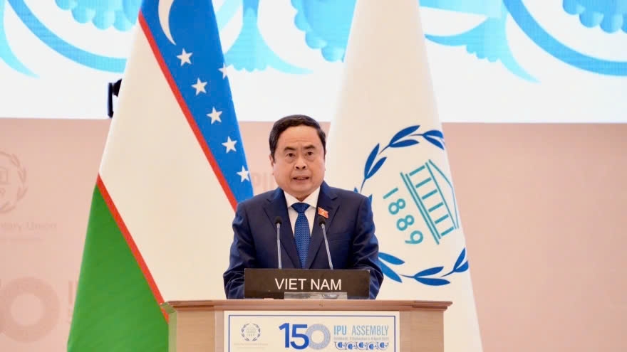 Vietnamese National Assembly Chairman Tran Thanh Man speaks at the 150th Assembly of the Inter-Parliamentary Union (IPU-150) in Tashkent, Uzbekistan, on April 6, 2025